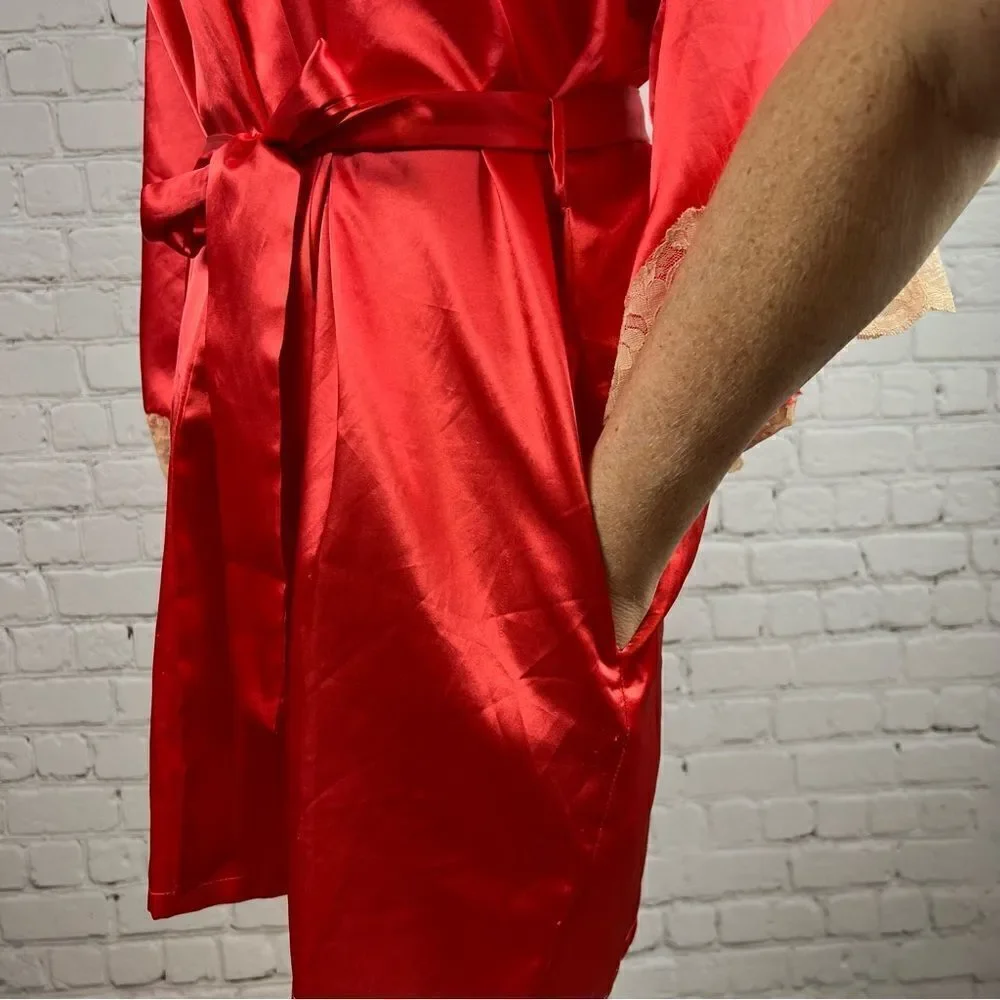 Fredricks of Hollywood Sexy Coral Satin Lace Trimmed Robe with Pockets & Belt